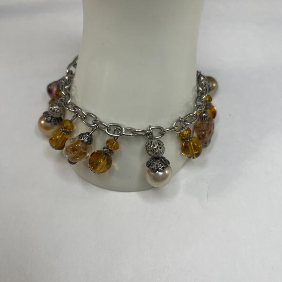 bracelet signed costume jewelry charm style faux pearl silver amber color beads - Picture 3 of 9